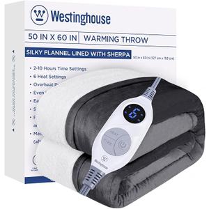 Westinghouse Electric Blanket Heated Throw, Super Cozy Soft Flannel 50"" x 60"" Heated Throw with 6 Fast Heating Levels & 210 AutoOff, Machine Washable, ETL&FCC Certification, Light Grey