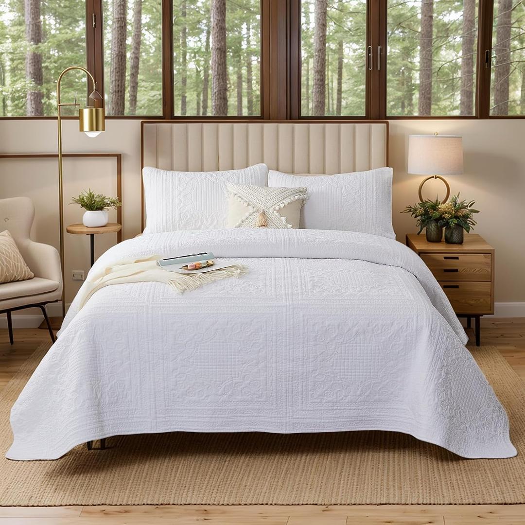 Brandream White Quilts Cotton Queen Size Quilted Comforter Set Farmhouse Matelasse Bedding Set Luxury Bedspreads 3-Piece