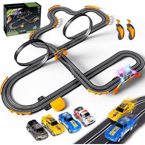 Slot Car Race Track for Kids with 4 Slot Cars, Dual Racing Electric Car Tracks Game Featuring Flash Bridge and Pendulum Toys Gifts for Boys Girls Age 6 7 8 Years Old