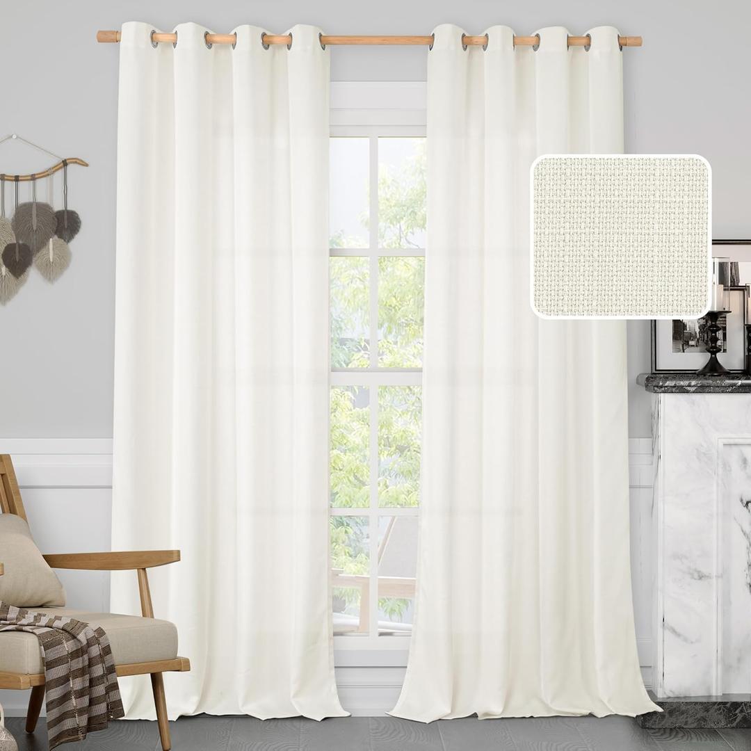 LAMIT Cream White Linen Curtains 95 Inch for Bedroom, Grommet Thick Linen Textured Sheer Curtains Light Filtering Privacy Window Panels for Living Room/French Door, Set of 2, 52 x 95 Inch