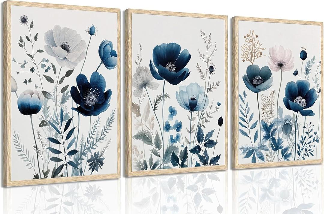 Botanical Wall Art Boho Wall Decor Navy Blue Wall Decor Floral Painting Blue and Gray Posters Minimalist Botanical Print Wall Art for Living Room Bedroom Bathroom 16×24 in*3