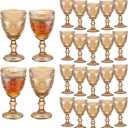 24 Pcs Vintage Wine Glasses, 10 Oz Colored Glass Water Goblets, Unique Flower Embossed Pattern High Clear Stemmed Glassware Wedding Party Bar Glass Drinking Cups Flower Amber Fancy Glasses Set of 24