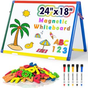 SWANCROWN Magnetic Board for Kids-Tabletop White Board for Children- 24x18 Inch Double Sided Foldable Dry Erase Board Standing with 82Pcs Alphabet Magnets Whiteboard Letters (tabletop Whiteboard)