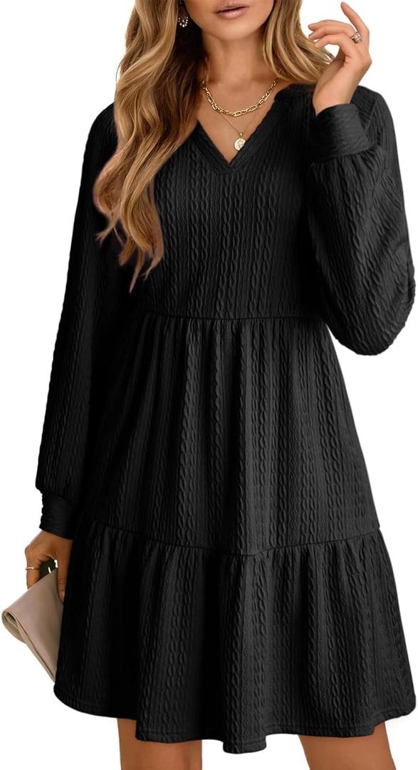 Dokotoo Holiday Dresses for Women 2025 Winter Clothing for Women Long Sleeve V Neck Textured Casual Elegant Tiered Ruffle Swing Mini Babydoll Soft Knit Sweater Dress Wedding Guest Dress Black Large