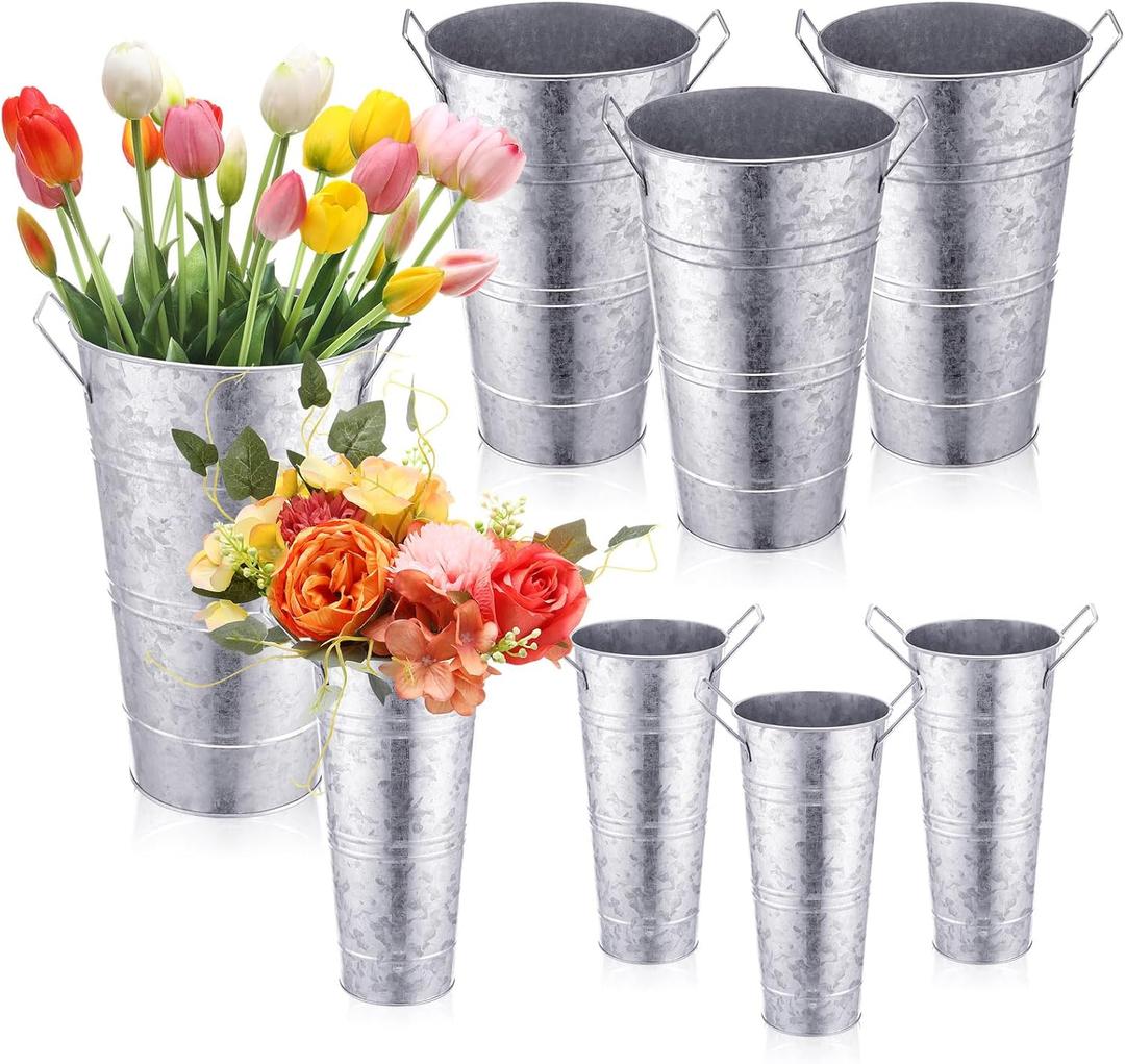 Chumia 8 Pcs Flower Buckets Bulk 12.6 Inch and 9 Inch Flower Bar Supplies Table Decor Vase Wedding Galvanized Tall Metal French Cut Planter Rustic Vintage Decorative Centerpiece Farmhouse Florist