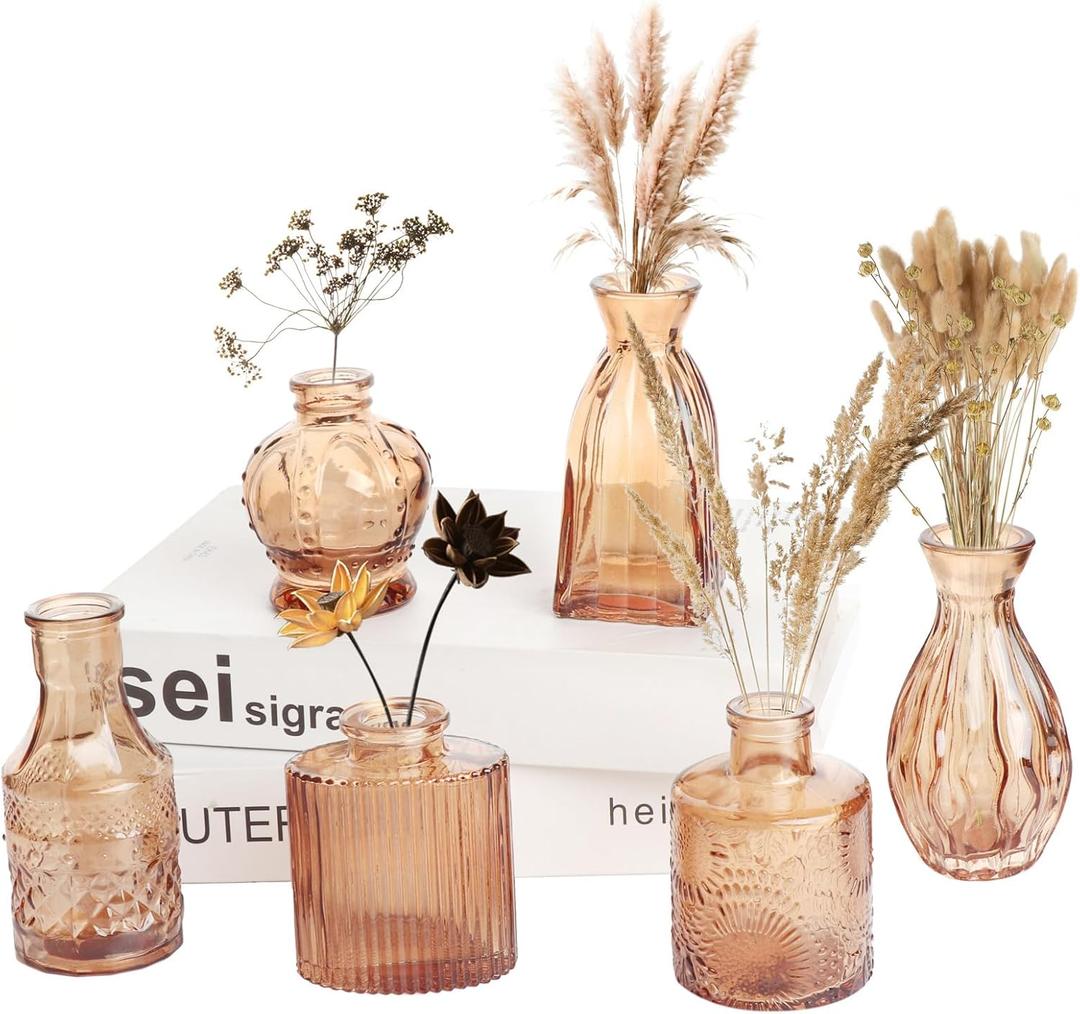 Petal Petite Glass Vase Set of 6 Small Amber Glass Bud Vases, Mini Vintage Flower Vases for Wedding Centerpieces & Table Décor, Champagne Vases in Bulk for Single Stem, Home and Office Decor