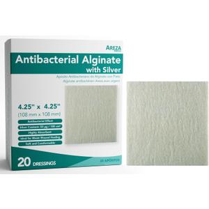 Areza Silver Calcium Alginate Antibacterial Wound Dressing Pads  Sterile, Non-Stick, Highly Absorbent; for Wound Drainage & Infection Risk (4.254.25, 20-Pack per Box), 1 Box