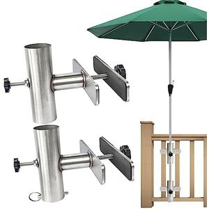 Su ying Patio Umbrella Holder Stand, Outdoor Deck Umbrella Mount,1.75'' Diameter in Stainless Steel Umbrella Clamp Outdoor Umbrella Base and Stand Metal Clamp for Fixed Deck Railing and Poles (2)