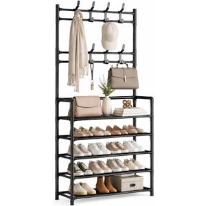 Shoe Rack 5 Tier With Coat Rack, Freestanding Shoe Organizer For 15-20 Pairs With 8 Hooks, Entryway Closet Storage Shelf, Black