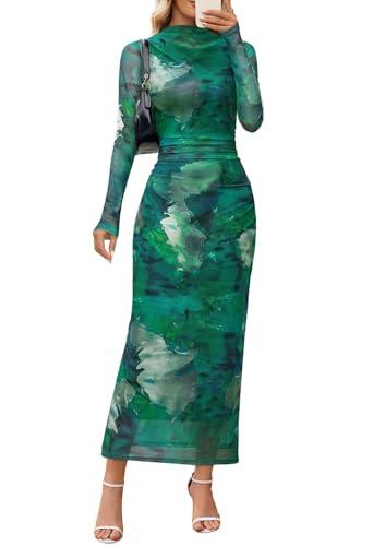 MEROKEETY Women's Spring Wedding Guest Dress 2026 Long Sleeve Bodycon Floral Mesh Fall Cocktail Holiday Party Maxi Dresses, Green, L