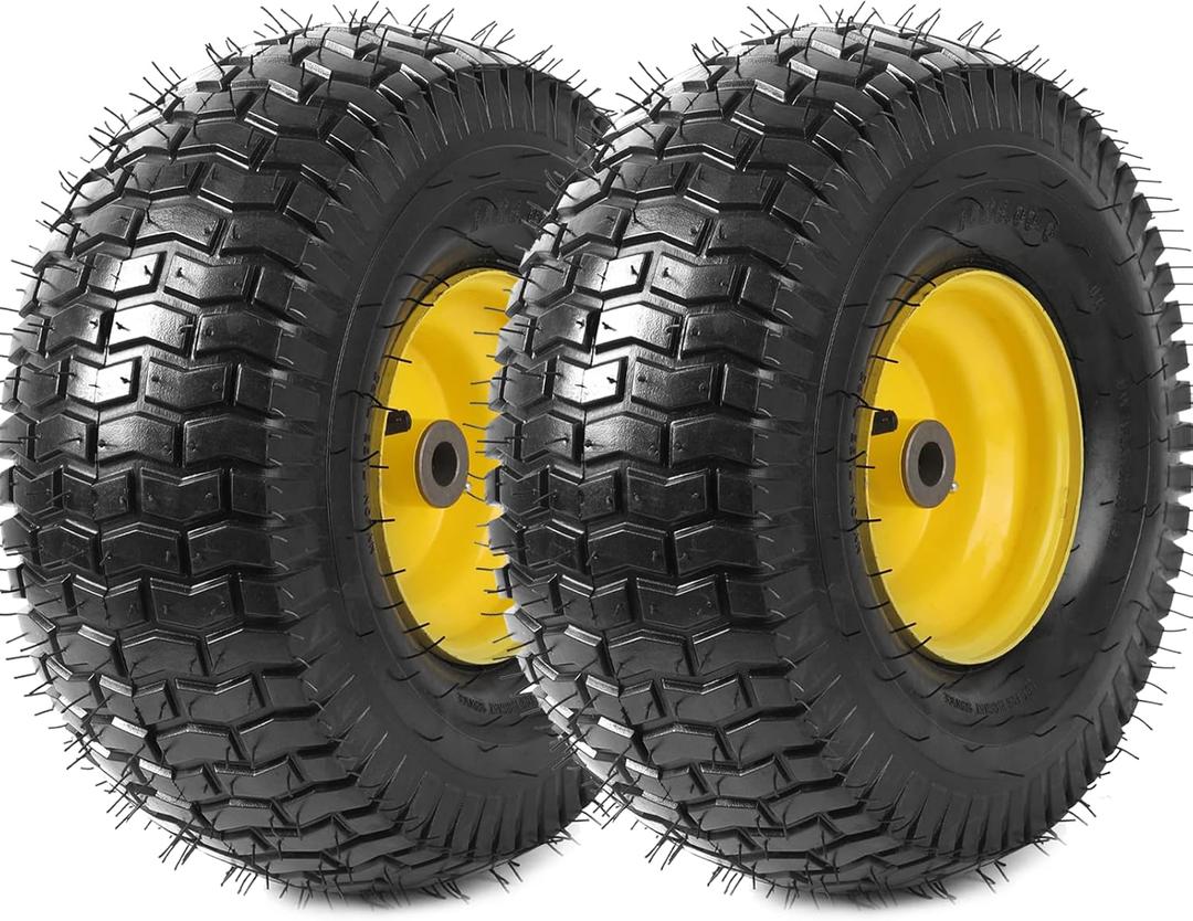 AR-PRO (2 Pack) Exact Replacement 15" x 6.00-6 Front Tire and Wheel Assemblies Compatible with John Deere Riding Mowers Tractor and More - 3" Offset Hub and 3/4" Bushings, 4Ply Pneumatic (Yellow)