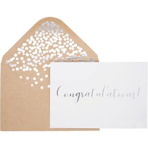 Congratulations Card 50 Pack Matte Finish Greeting Cards With Congratulations Embossed In Silver Foil Letters For Engagement, Graduation, Wedding 52 Silver Foil Confetti Kraft Envelopes (White)