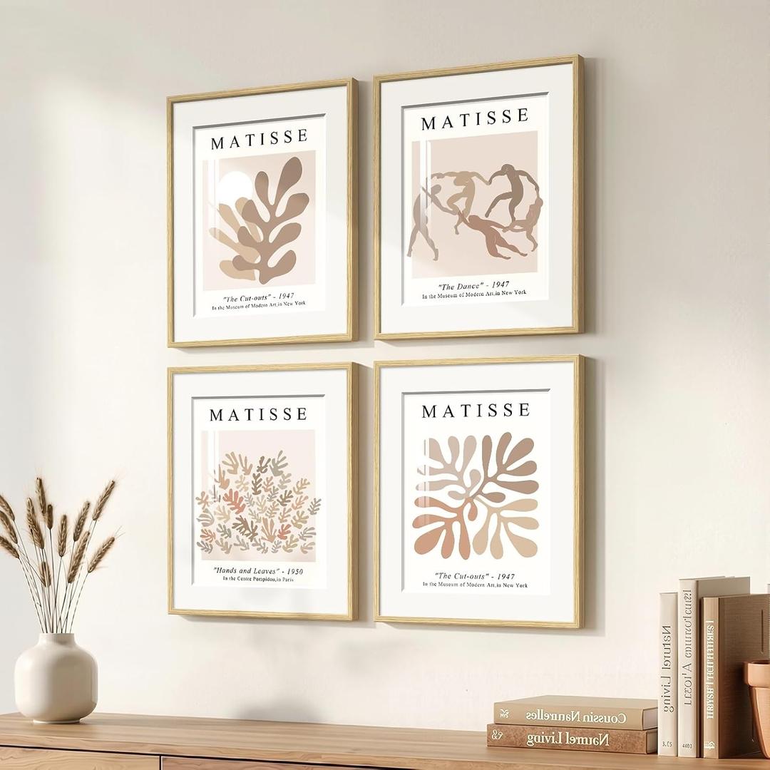 4 Piece Framed Matisse Neutral Wall Art, Abstract Minimalist Beige Artwork for Walls, Mid Century Modern Botanical Prints Paintings for Living Room Bedroom Office Wall Decor 11x14 Inch