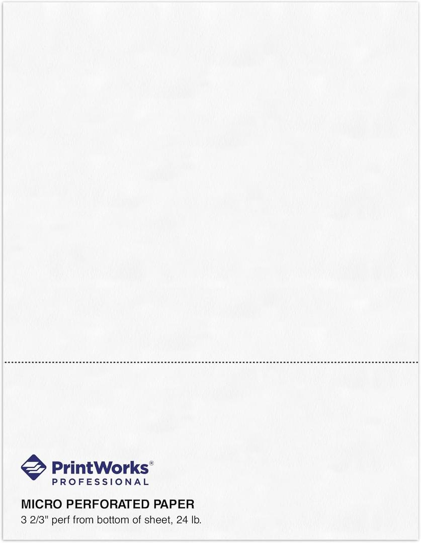 PrintWorks Professional 3 2/3" Horizontal Perforated Paper 8.5” x 11” - Perfect For W-2, 1099, & Statement Use - Made in the USA - 500 Sheets - 24 lb - Printer Compatible - White (04126)