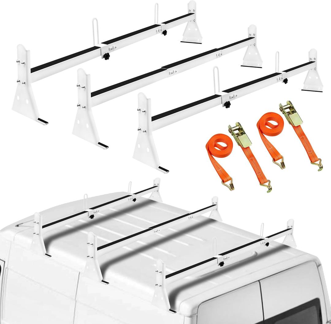Ladder Rack for Van, Van Roof Rack Compatible with Chevy Express 1500 2500 3500 Ford Econoline GMC Savana Fullsize with Rain Gutter, Adjustable Length 57''-65'', 3 Bars, 800 Lbs, White
