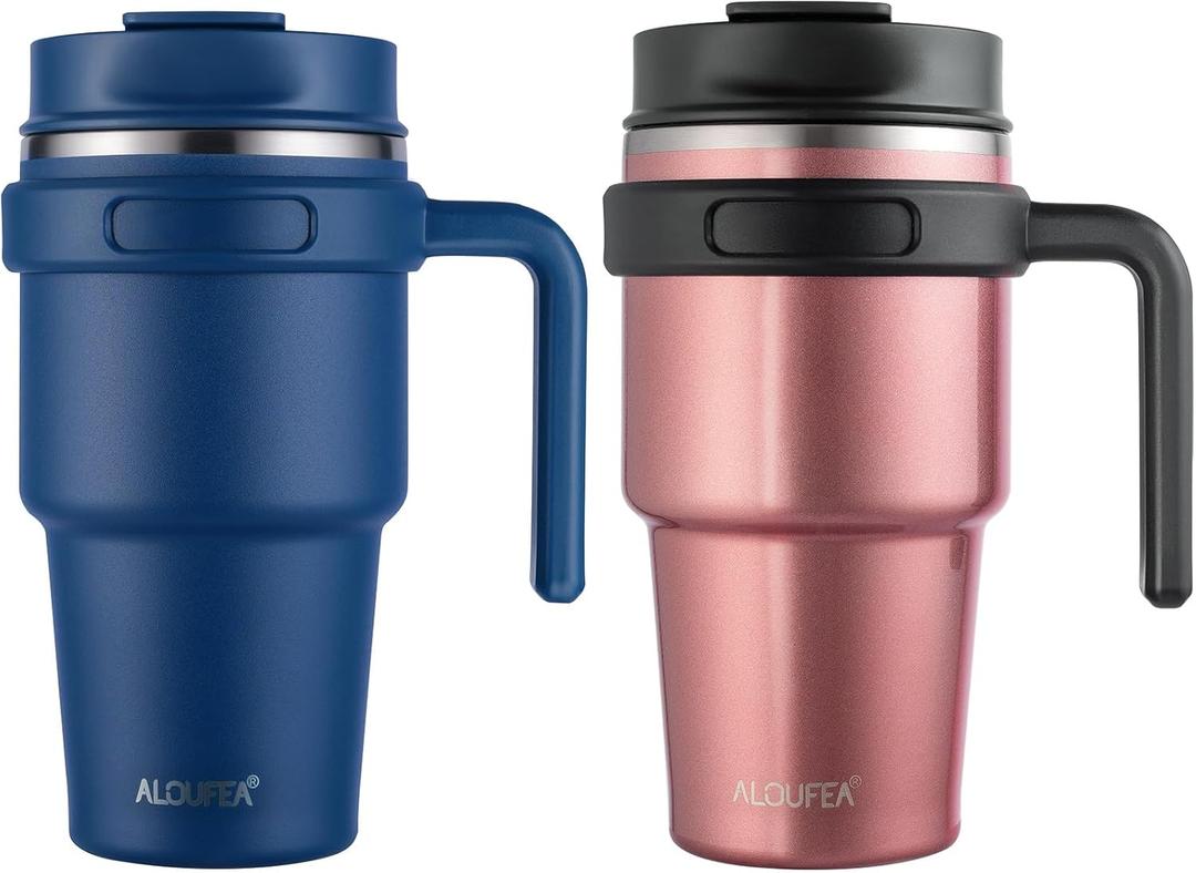 ALOUFEA 20 oz Insulated Coffee Mug Tumbler with Handle, Stainless Steel Travel Mug Tumbler with Lid and Straw,Double Wall Vacuum Leak Proof Ice Coffee Thermal Cup, Navy/Rose Gold