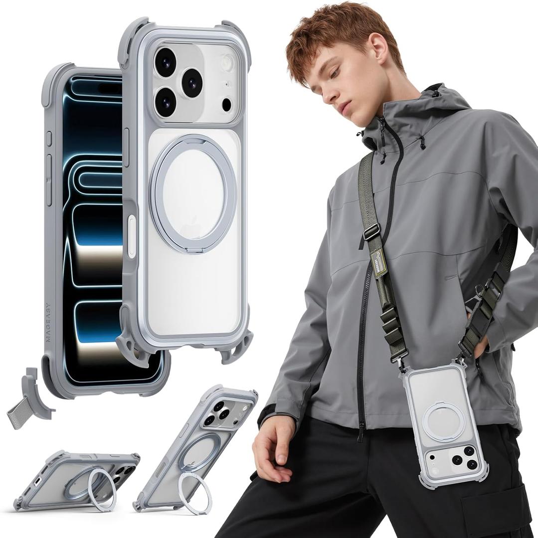 MAGEASY Compatible with iPhone 17 Pro 6.3" Case with 360° Stand - 25ft Ultimate Drop Protection, Work with MagSafe, Crossbody Utility Strap, Aluminum Frame | Odyssey Ultra M (Mist)