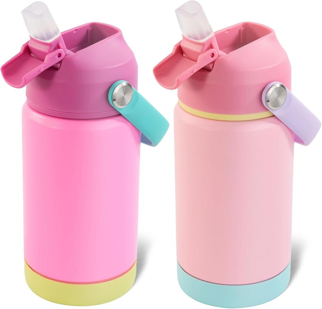 Kerilyn 12oz Kids Water Bottle 2 Pack, Stainless Steel Insulated Water Bottle Bulk, Toddler Cups with Straws Leak-Proof, Kids Water Bottles for School Boys Girls, BPA Free, Rose Red+Charm Pink