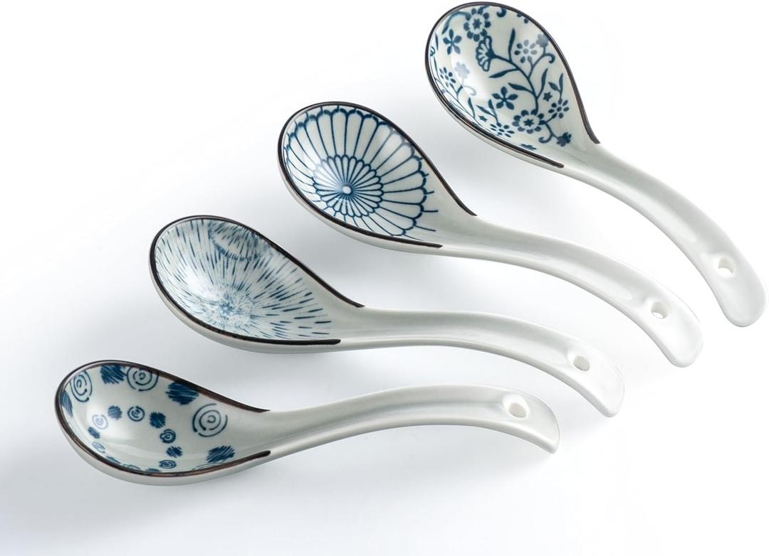 4Pcs Asian Soup Spoon,Chinese Ceramic Soup Spoons,Non-Slip Japanese Soup Spoon,Ramen Spoons with Hook for Rice Pho Miso Soup Wonton Noodle (4, Japanese Blue & White)