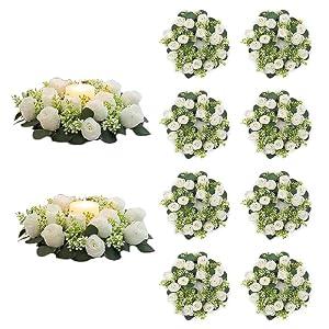 NUPTIO Flower Wedding Centerpieces for Tables - 10 Pcs 14 inch Diam Large White Artificial Flowers Fake Roses Candle Rings Wreaths Spring Summer Wreath for Front Door Weddings Party Ceremony Decor