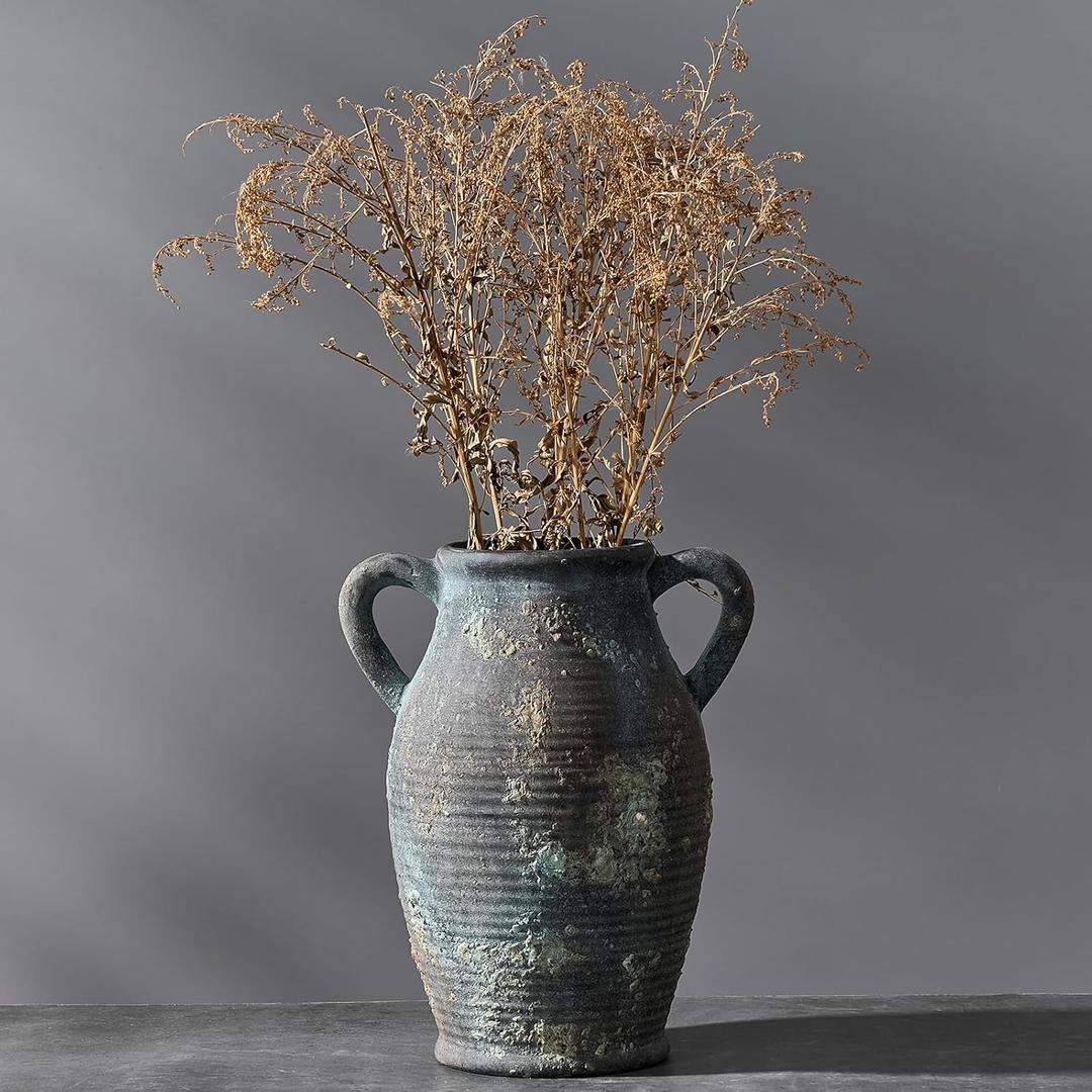 Large Ceramic Rustic Vase with 2 Handles, 9.8 inch Farmhouse Distressed Flower Vase for Home Decor, Living Room, Shelf Decor, Pampas Grass, Enterway, Table Decoration, Black Green