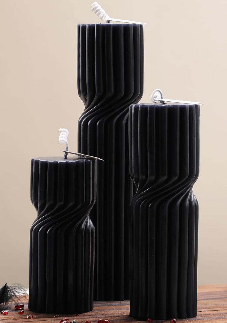 LETINE Black Sandalwood Pillar Candles Set of 3 - Decorative Ribbed Soy Wax Spiral Spire Candles for Home Decor, Bulk Scented Candles for Entryway Table, Living Room& Coffee Table Decor
