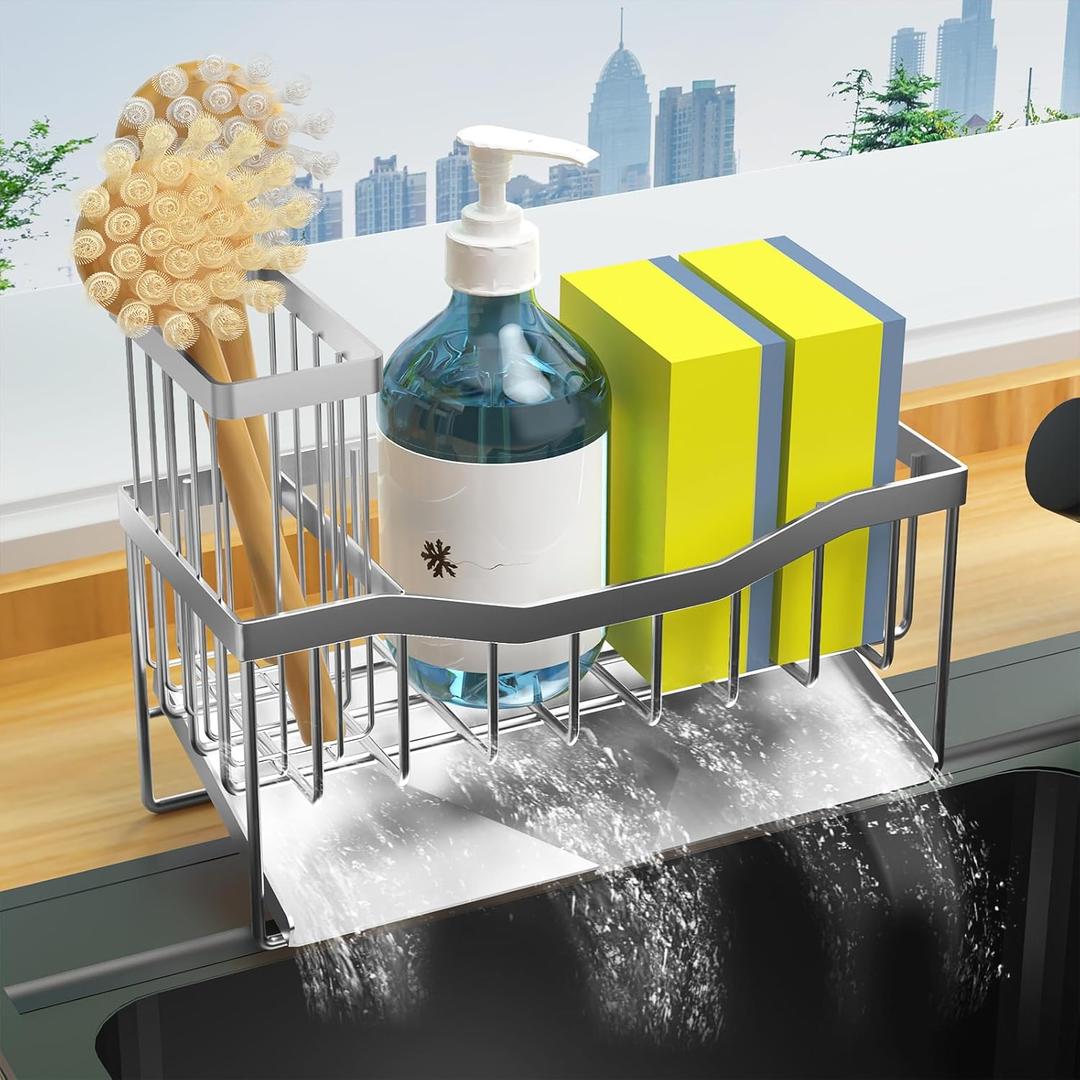 Maifan Sink Caddy Sponge Holder for Kitchen with Brush Holder and Stainless Steel Self Drain Tray, Rustproof Kitchen Sink Organizer for Sponge, Soap Dispenser Storage Accessories (Lacquer Silver) | Sponge Holder, Brush Holder, Self Drain Tray, Rustproof, Sponge, Soap Dispenser