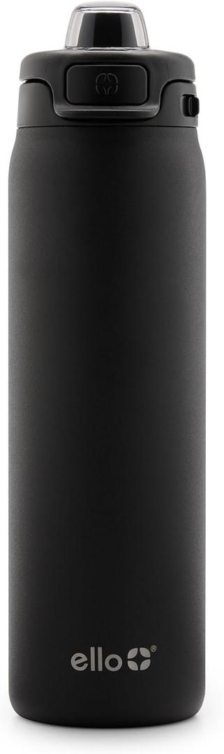 Ello Pop & Fill Stainless Steel Water Bottle with Quick Fill Technology, Double Walled Vacuum Insulated Metal, Leak Proof Locking Lid, Sip & Chug, BPA Free, Holiday Gift for Him Her, 22oz, 32oz, 40oz (Black)