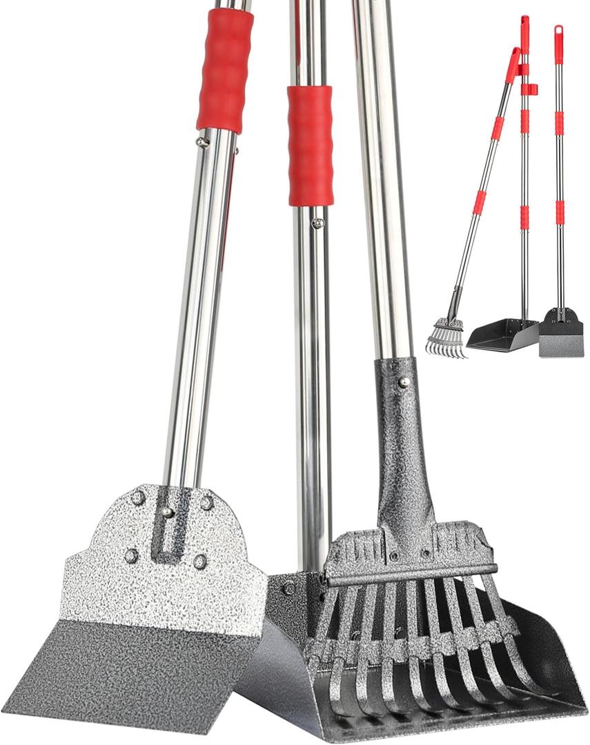 FUSBUNTY Pooper Scooper, Long Handle Dog Pooper Scooper, Heavy Duty Stainless Steel Rake with Tray & Spade Set for Pet Waste Removal, for Grass, Dirt or Gravel (Red)