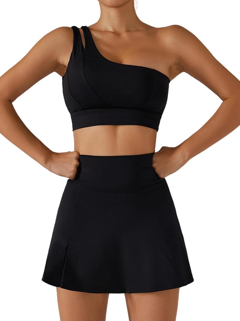 Women's Tennis Skirts Sport Bra Sets High Waisted Golf Skorts Skirt One Shoulder Sports Bra Running Workout Activewear (Black, L)