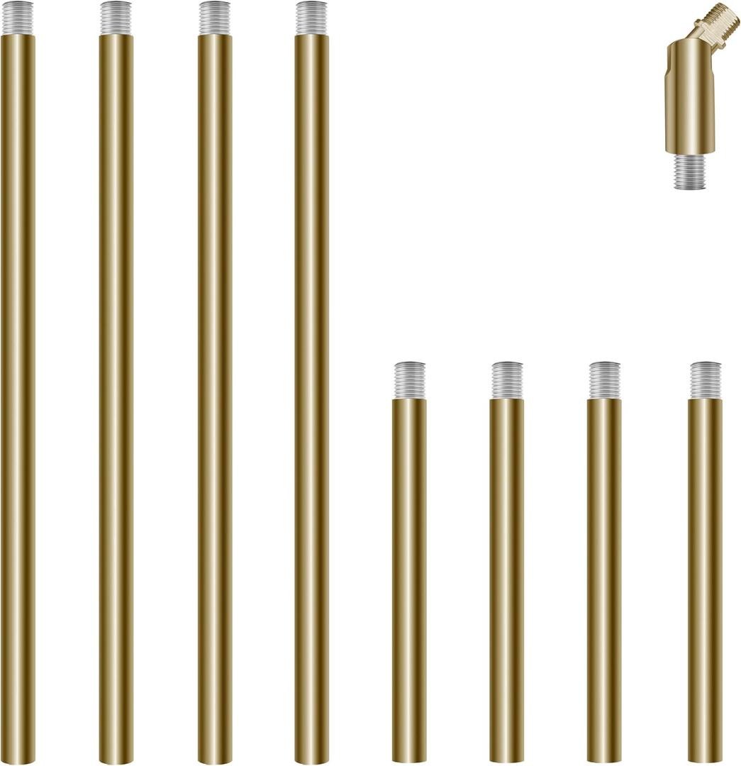 8 Pieces M10 Threaded Extension Poles Lighting Fixture Downrods Stems & 180 Degrees Sloped Ceiling Adapter Kits for Pendant Light, Island Lighting, Chandeliers (Brass)