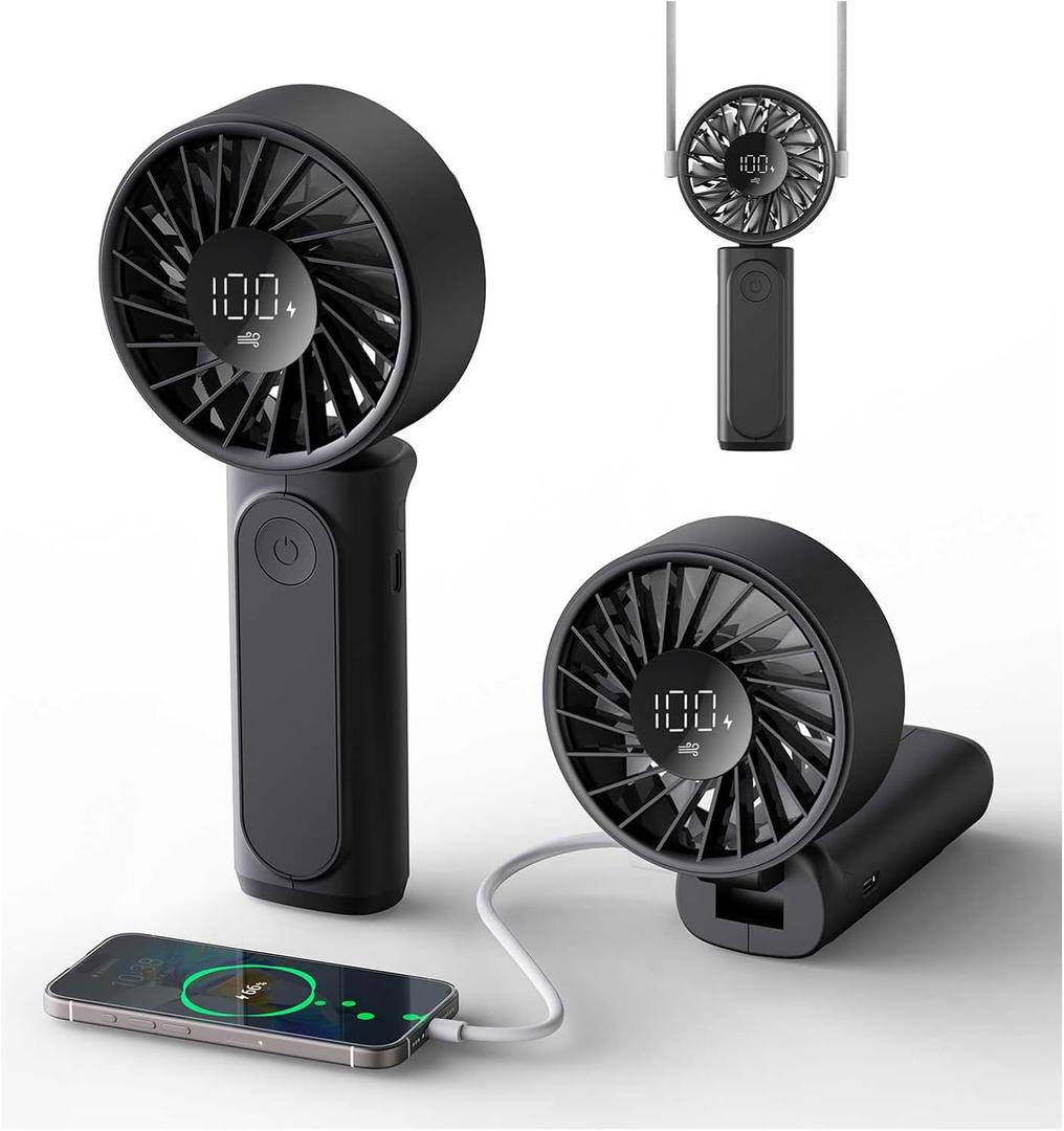 Peiyuu Handheld Fan, Portable Fan, 4000mAh Rechargeable Personal, 180 Foldable Mini Desk Fan with 6 Wind Speed, LCD Digital Display, Lanyard as Neck, Ultra Quiet, Pocket Size for Indoor Outdoor