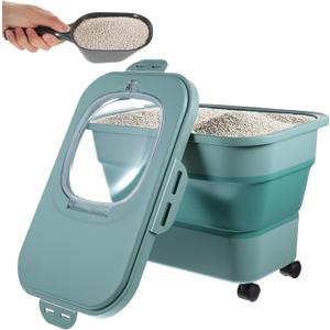 Cat Litter Storage Bin Container with Airtight Lids, Portable Cat Litter Storage Container with Wheels, Kitchen Cereal Rice Leakproof Sealable (Green)