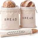 Leafico Reusable Bread Bags 2 Cotton Storage Bags + 1 Baguette Bag with Food Safe TPU Liner For Homemade Bread, Sourdough, Artisan Loaves Freezer Safe & Washable Plastic Alternative