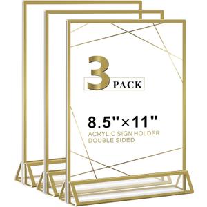 Acrylic Sign Holder 8.5 x 11 Inch - 3 Pack Gold Picture Frame Vertical Double-Sided Display Stands,Flyer Holder & Plastic Paper Holder - Vendor Booth Display Items for Wedding Business Store Party
