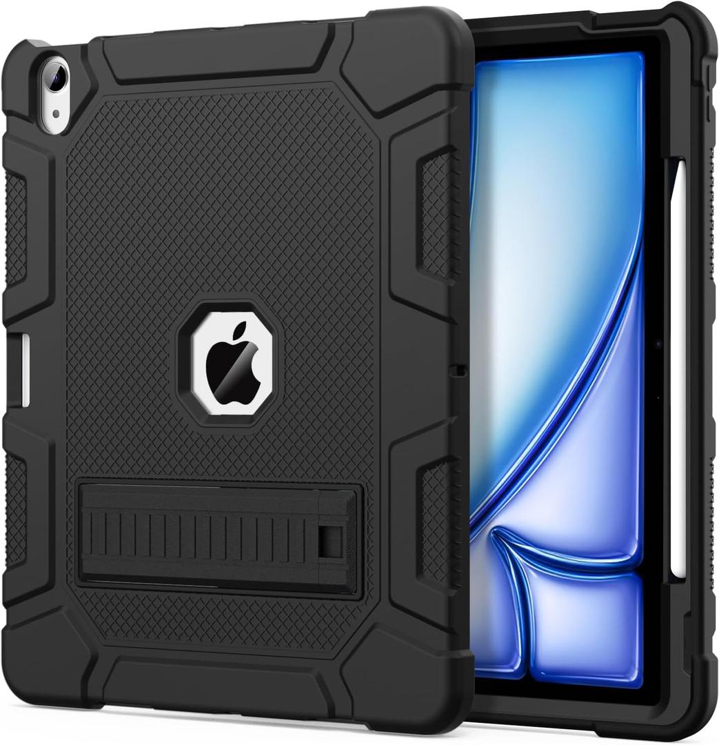 Case for iPad Air 13-inch (M3/M2) 2025/2024, [Built-in Pencil Holder] Heavy Duty Shockproof Rugged Protective Case for 13 inch iPad Air (2025/2024 Version), Black