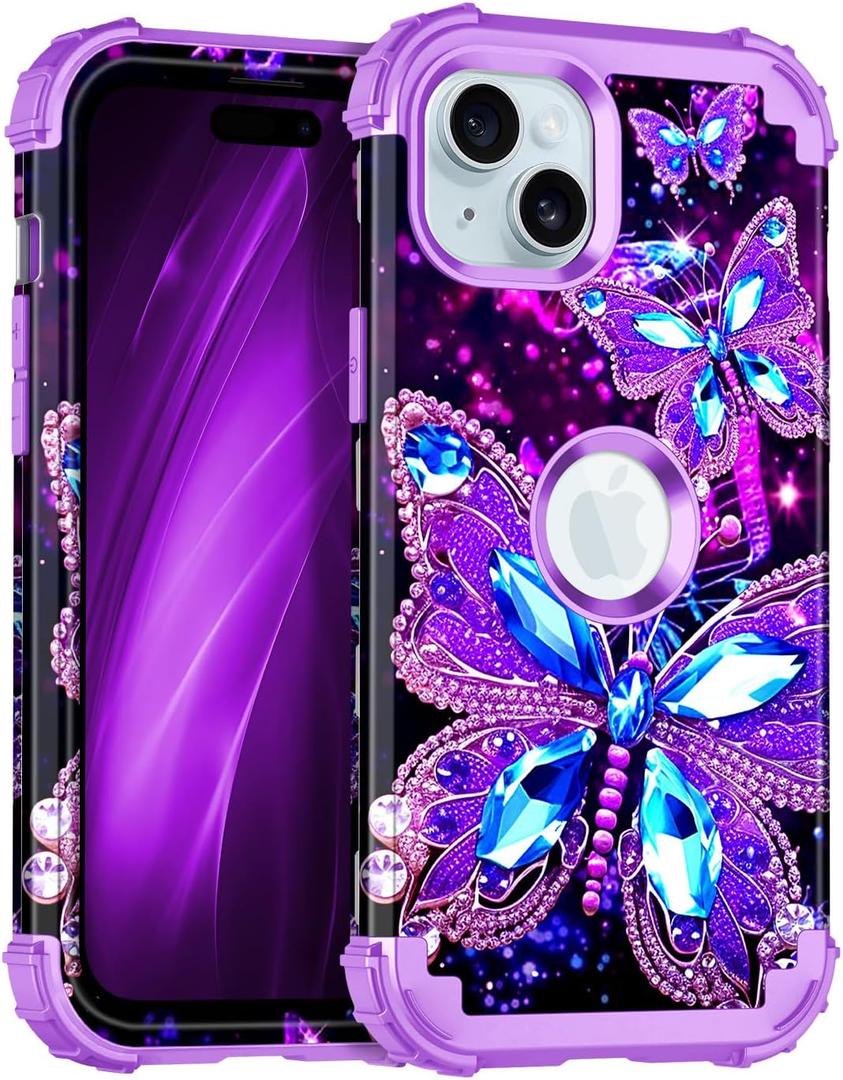Hekodonk for iPhone 15 Plus Case,Glow in The Dark Three Layer Heavy Duty Shockproof Protection Hard Plastic+Soft Silicone Full Body Drop Protective Case for Apple iPhone 15 Plus,All Purple
