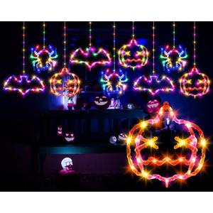Halloween Window Lights, Hanging Halloween Curtain String Light Pumpkin Bat Spider with Plug 8 Modes 180 LEDs Outdoor Indoor Lighted Decorations for Window Curtain Door Yard Lawn Pathway Wall