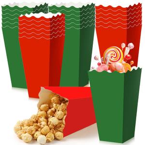 Mimorou 24 Pcs Christmas Popcorn Boxes Red and Green Paper Buckets Popcorn Candy Cookie Treat Containers for Xmas Movie Night Supplies Indoor Home Christmas Holiday Gift Party Favors