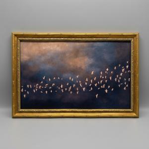 Vintage Gold Framed Minimalist Moon and Birds in Flight Wall Art, Neutral Beige Sky Painting Canvas Prints, Boho Nature Poster Artwork for Modern Living Room Bedroom Office Wall Decor，16x24in