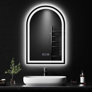 QAOYEDE 24x16 Inch LED Bathroom Mirror with Lights, Arched Mirrors with Light, Dimmable 3 Color Backlit/Front Memory Anti-Fog Tempered Glass, Suitable for Smaller Bathrooms, UL Recognized