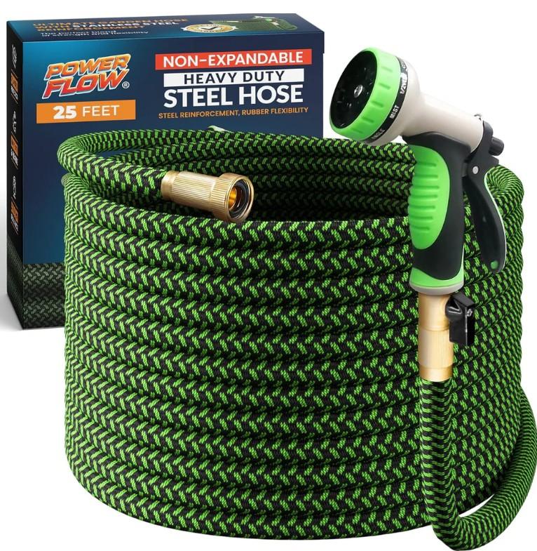 PowerFlow Garden Hose, NON-EXPANDABLE 25 Feet Premium Quality Stainless Steel Metal Water Hose with Durable Fabric Skin, Hose For Commercial, Residential Use, Bonus 10-way Spray Nozzle (25 Ft, Green)