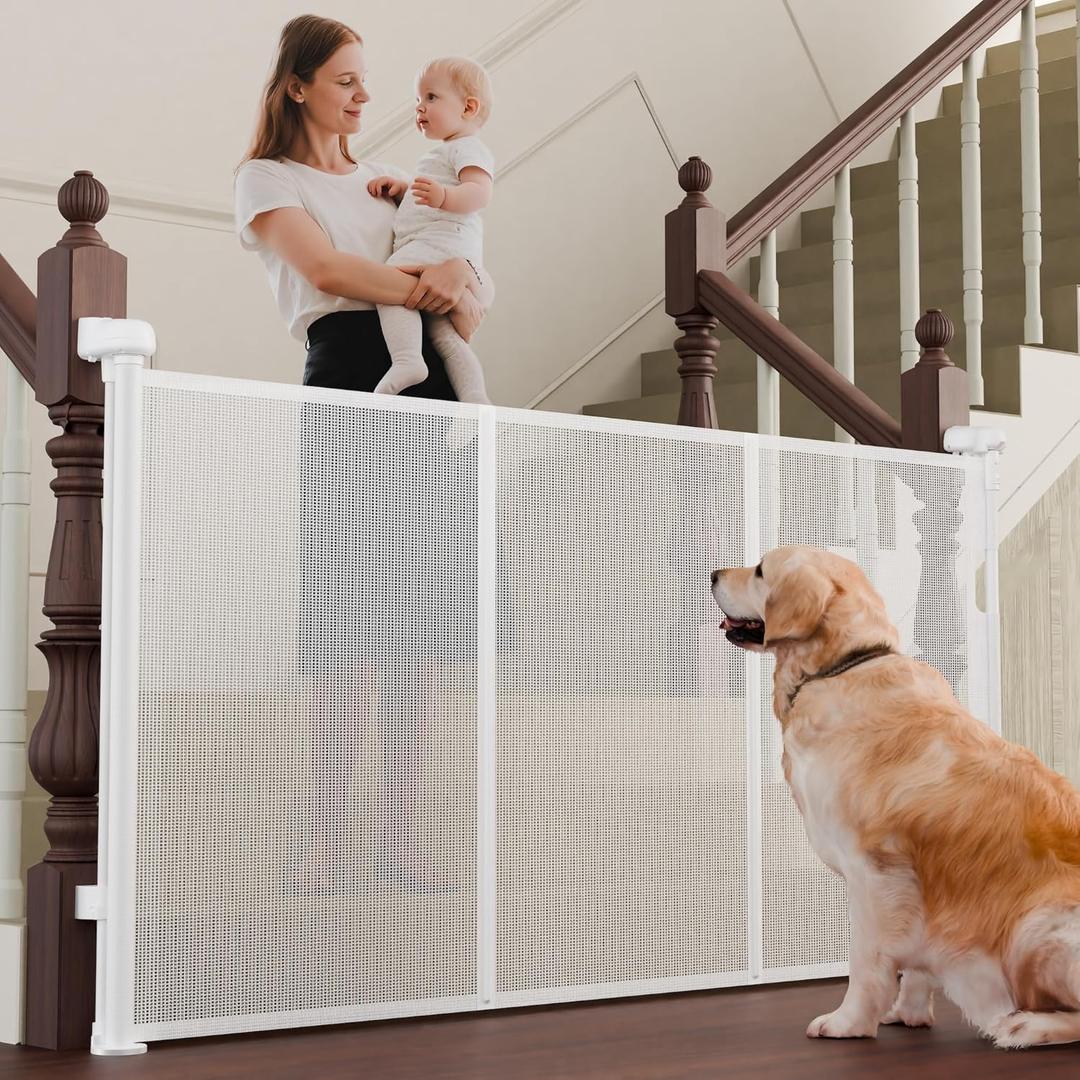 Retractable Baby Gates for Stairs, 55" Wide Baby Gate Dog Gate, 41" Tall Retractable Pet Gate for Doorways, Child Safety Gates Mesh Gate with Fiberglass Rods for Stairways, Hallways, Indoor/Outdoor (White)