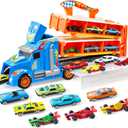 JOYIN Toy Truck for Kids,5-FT Race Track and 12 Die-Cast Metal Toy Cars, Racing Car with Lights & Sounds, Carrier Truck Playset Gift for 3 4 5 Years Old Boys and Girls, Easter Kids Gift (Blue Orange)