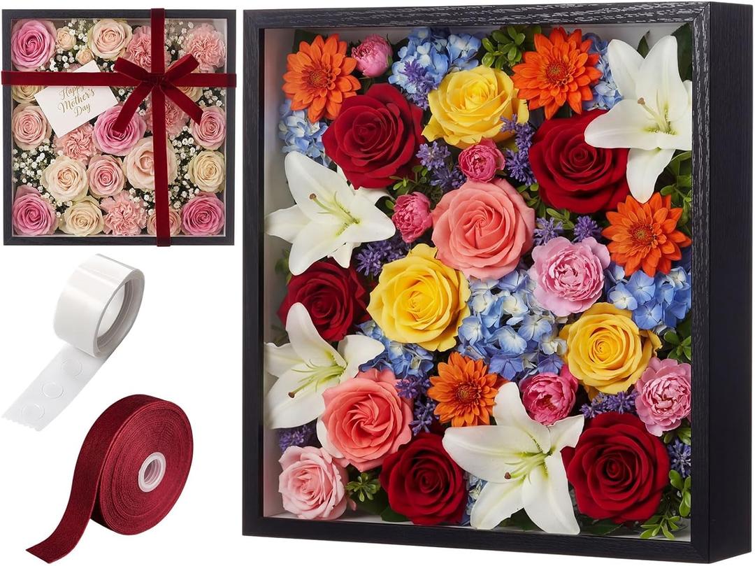 12"x12" Wedding Shadow Box Frame Display Case Kit, DIY Black Valentine's Day Gift Box with Lid Deep Glass Case with Red Velvet Ribbon for Gift Wrapping Craft Keepsake Memory Flower Photo
