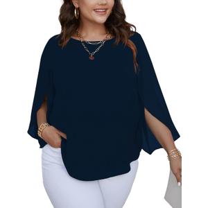 SCOMCHIC Plus Size Blouses for Women Summer Chiffon 3/4 Sleeve Tunic Tops Dressy Scoop Neck Casual Loose Flowy Shirts (5X-Large Plus, Navy)