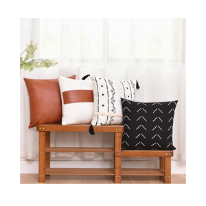 Tosewever Boho Geometric Throw Pillow Covers 18 x 18 Set of 4, Modern Stripe Farmhouse Decorative Faux Leather Cotton Pillowcase for Bedroom Living Room Couch Bed Sofa Home (Black/White, 18" x 18")