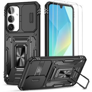 for Samsung Galaxy A17 5G Case with Slide Camera Cover + Screen Protector(2 Packs), Rotated Ring Kickstand Military Grade Shockproof Protective Cover (Black)