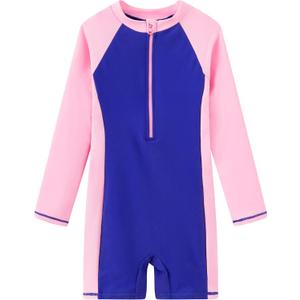 Girls Long Sleeve Rash Guard Swimsuits Zipper Bathing Suits (8 Years, Dark Blue,pink)