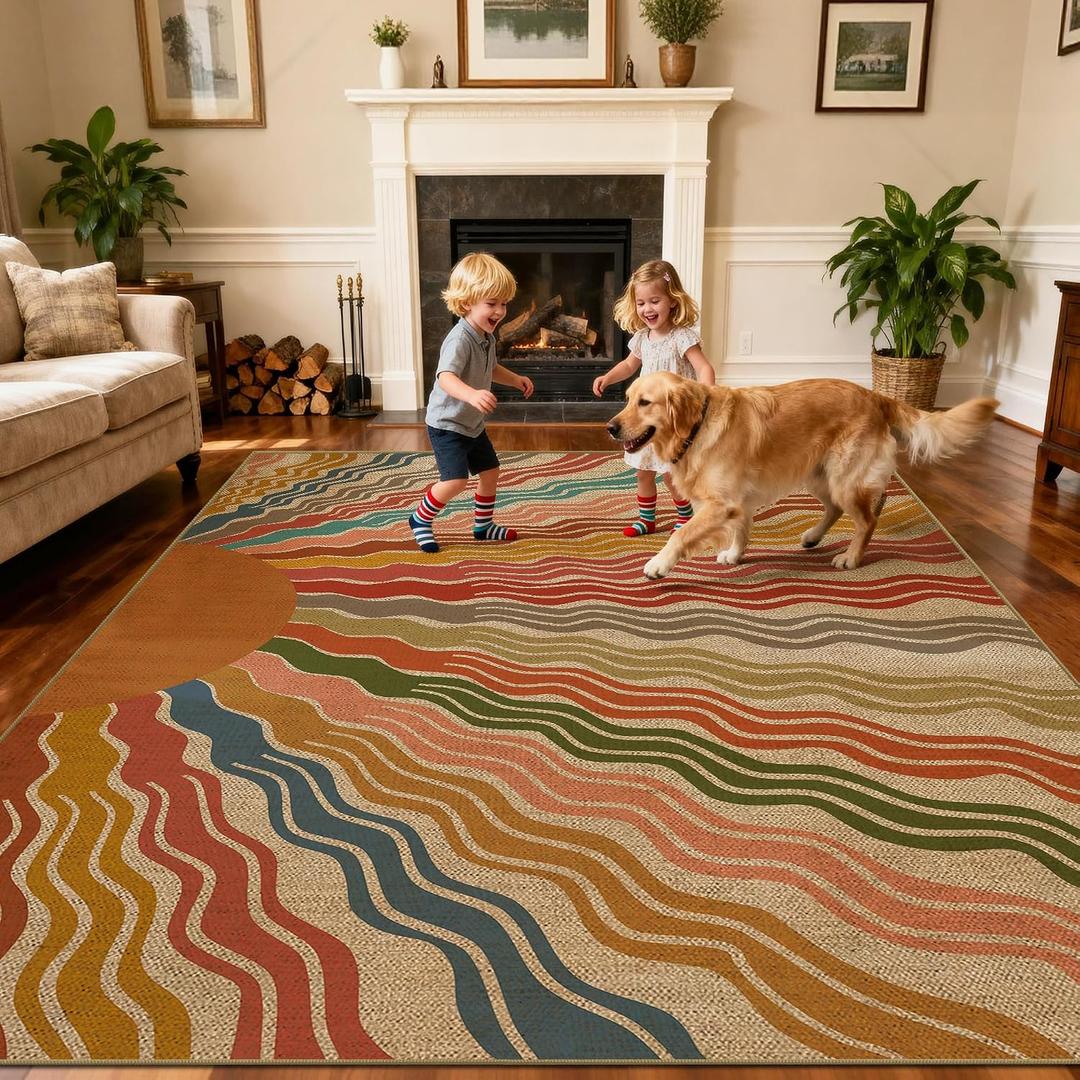 Washable 8x10 Rainbow Sun Woven Indoor Outdoor Area Rug for Living Room